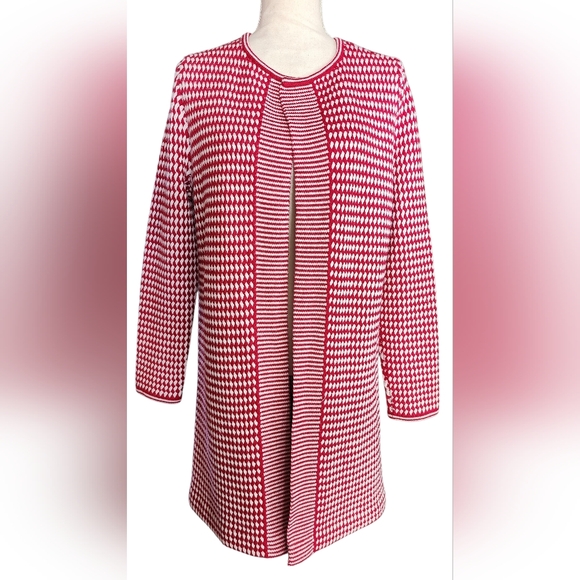 Talbots Open-front Cardigan Sweater Pure Merino Wool Women's M Red & White - Picture 2 of 12